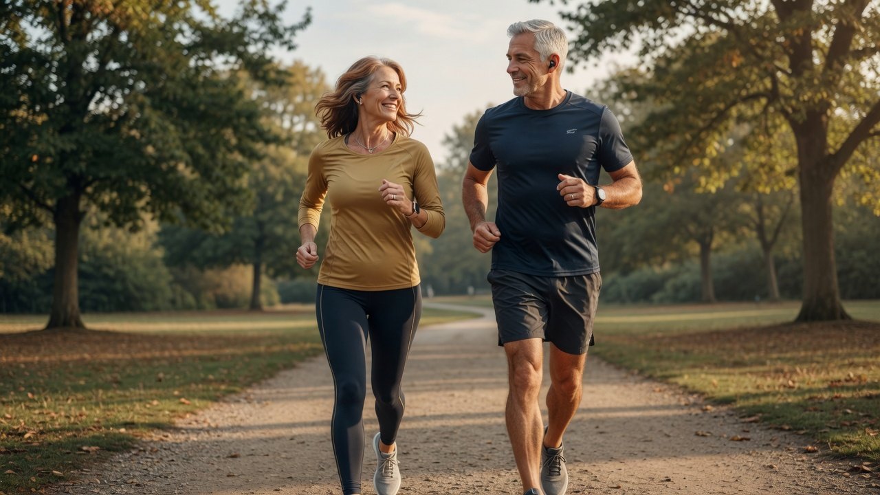Two adults over 50 walking together on a park path